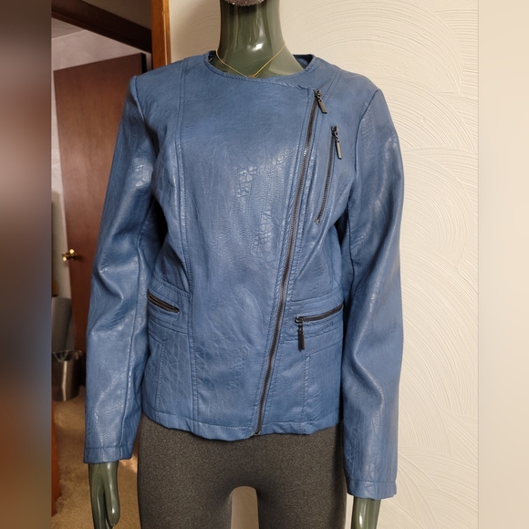 NWOT. Alfani heather blue faux leather bomber jacket. Size M. (509) - Picture 1 of 8